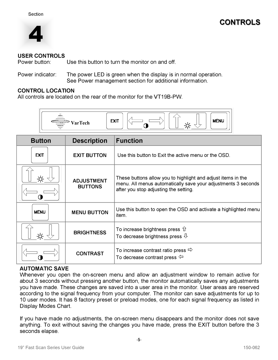 Sharp VT19B-PW manual User Controls, Control Location, Automatic Save 