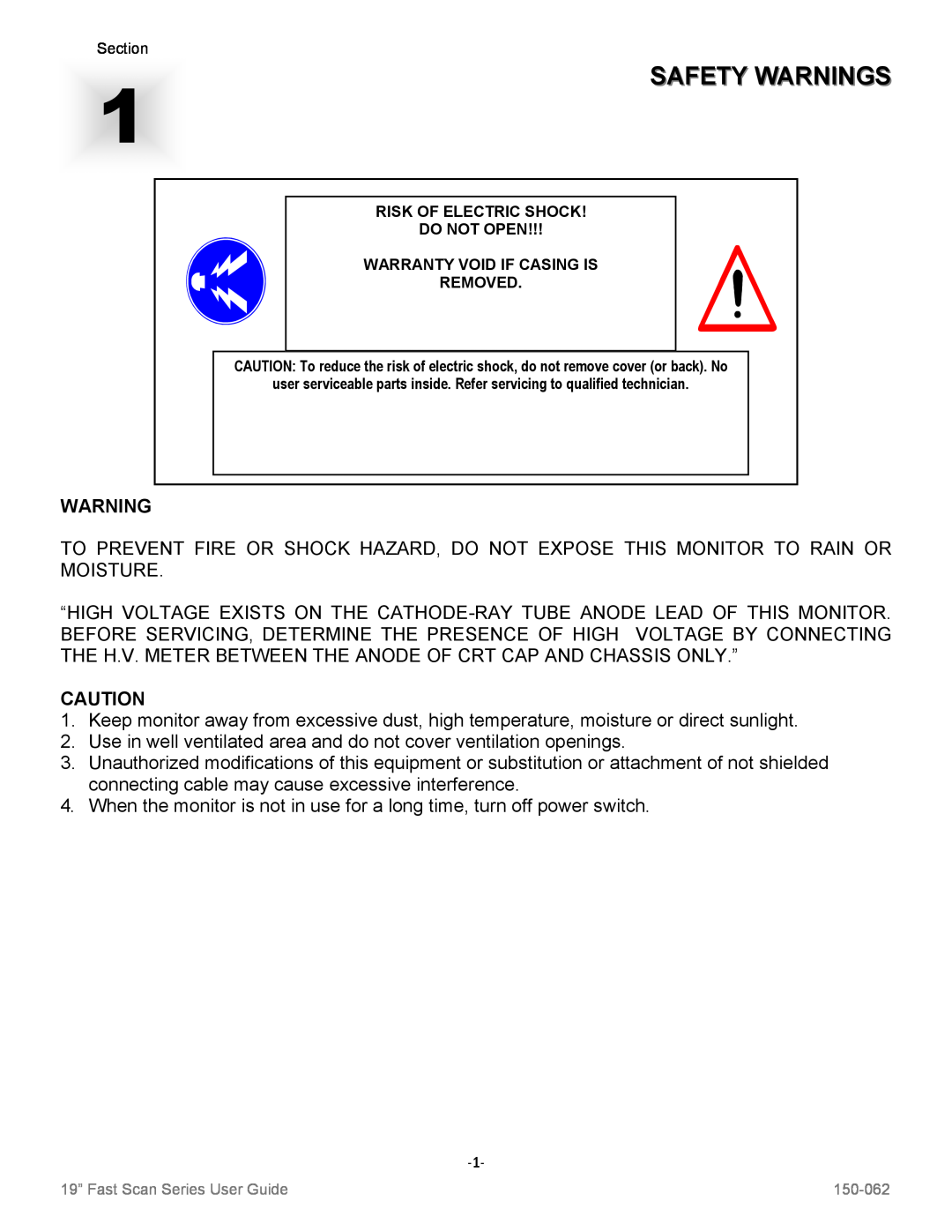 Sharp VT19B-PW manual Safety Warnings 