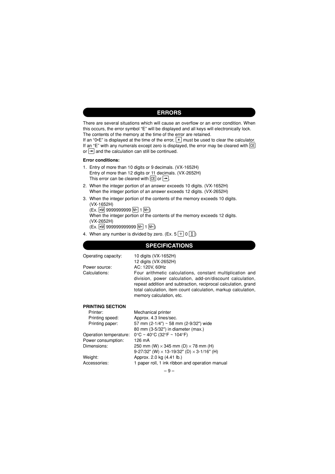 Sharp VX-1652H, VX-2652H operation manual Errors, Specifications, Printing Section 