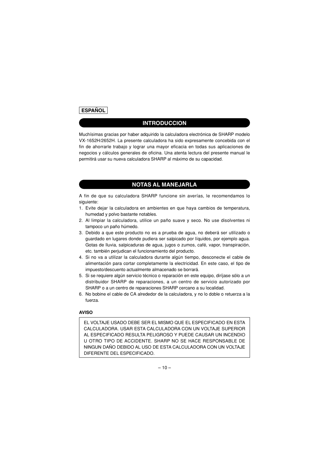 Sharp VX-2652H, VX-1652H operation manual Introduccion, Notas AL Manejarla, Español, Aviso 