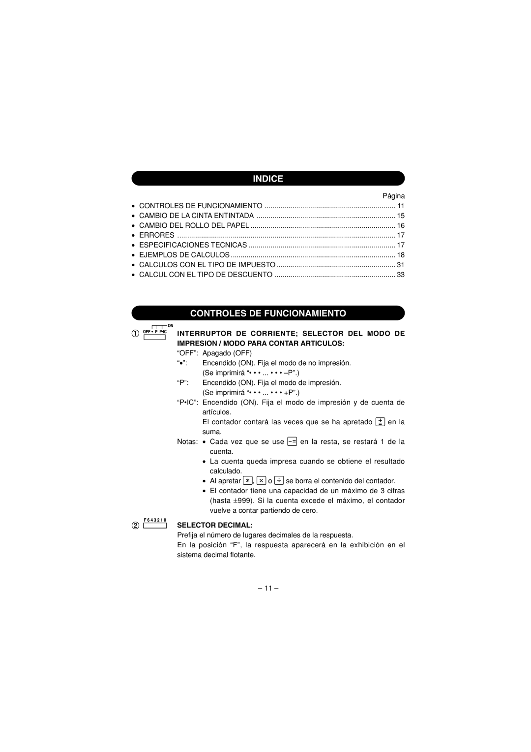 Sharp VX-1652H, VX-2652H operation manual Indice, Controles DE Funcionamiento, Selector Decimal 