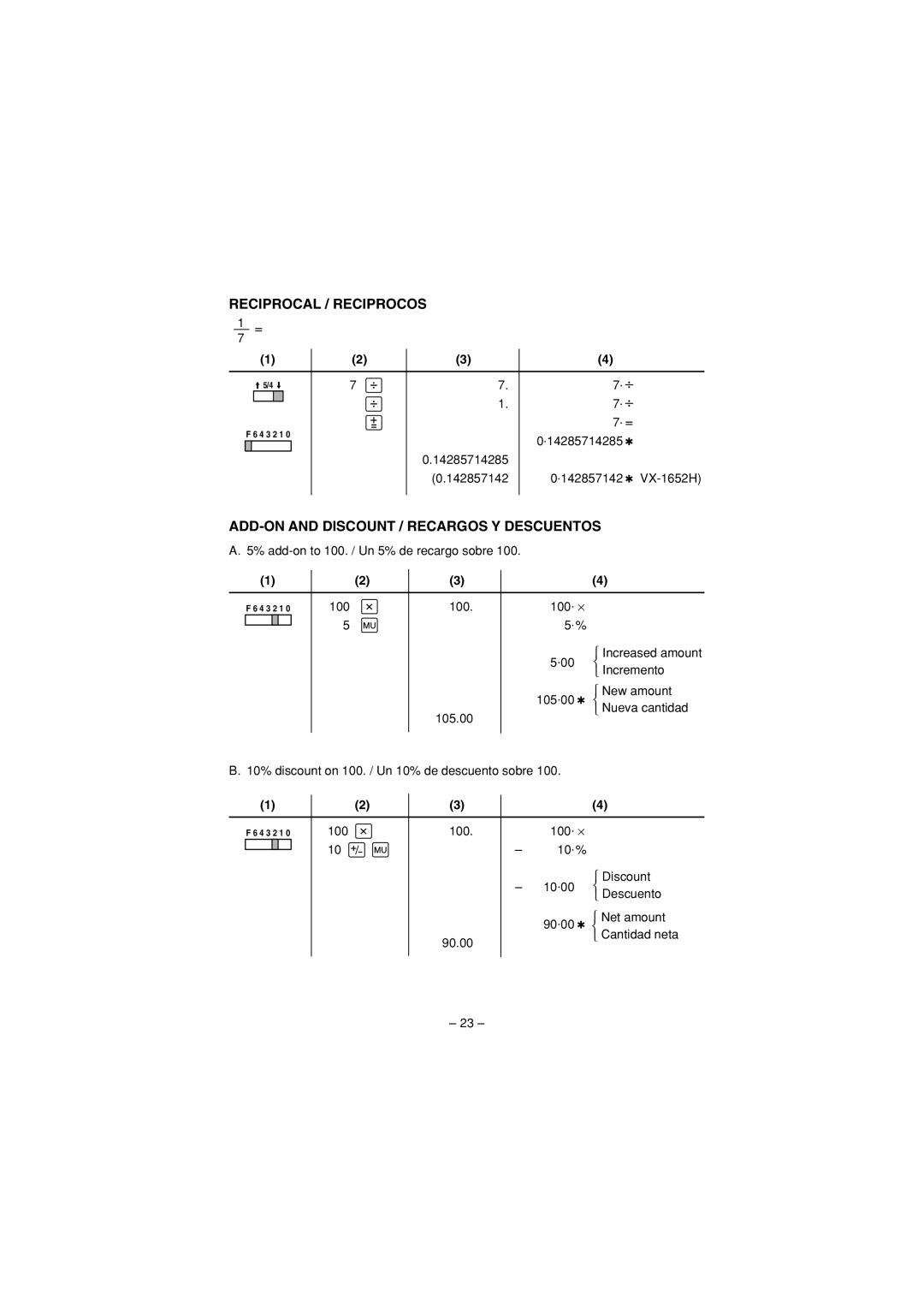 Sharp VX-1652H, VX-2652H operation manual Reciprocal / Reciprocos, ADD-ON and Discount / Recargos Y Descuentos 