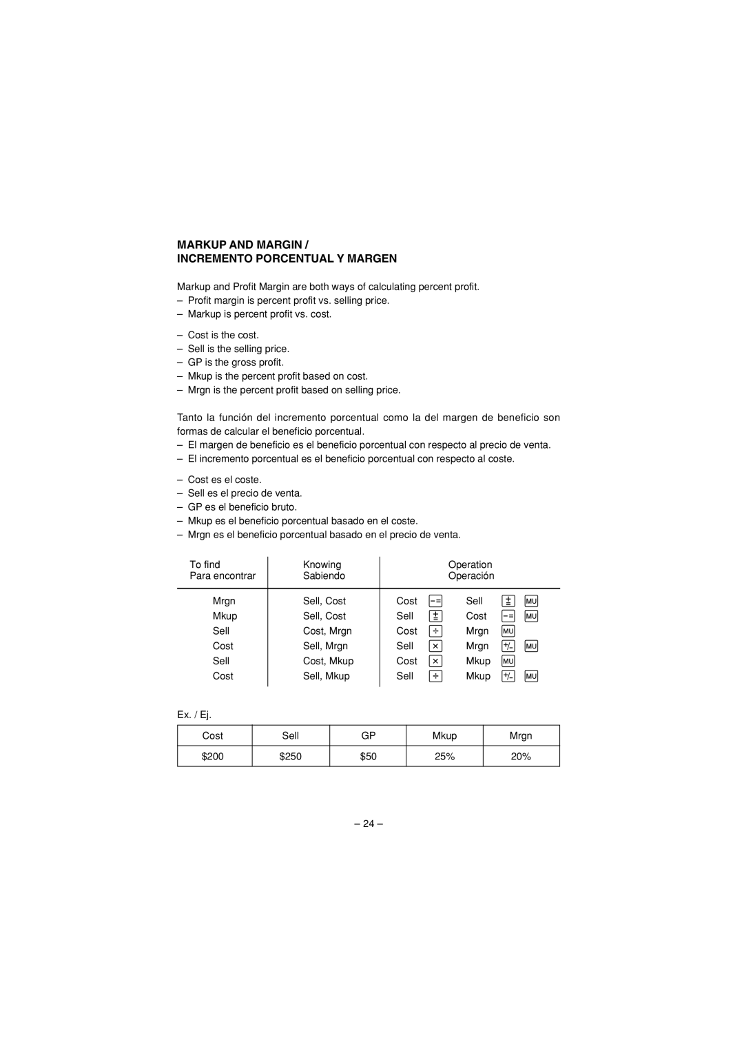 Sharp VX-2652H, VX-1652H operation manual Markup and Margin Incremento Porcentual Y Margen 