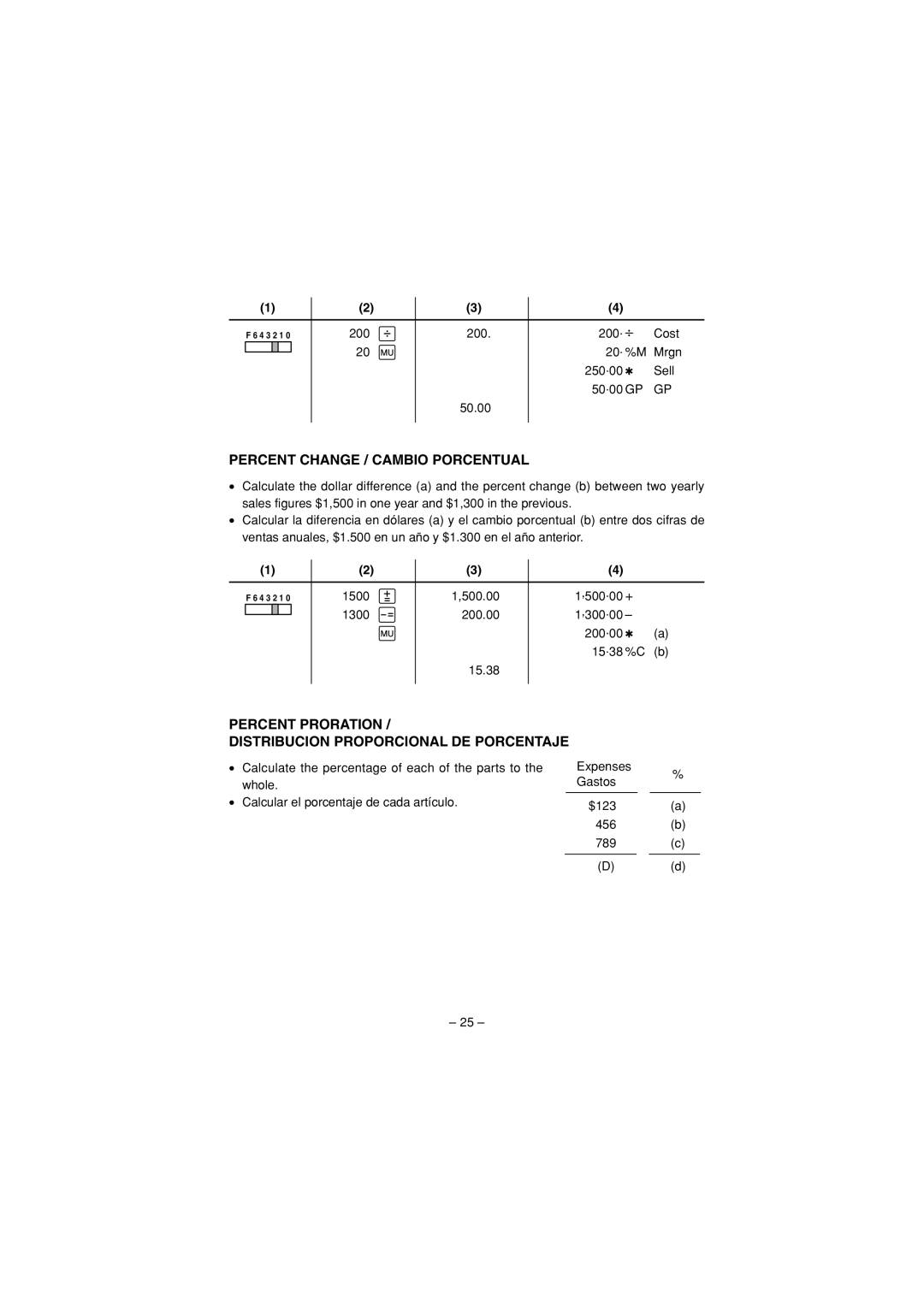 Sharp VX-1652H, VX-2652H Percent Change / Cambio Porcentual, Percent Proration Distribucion Proporcional DE Porcentaje 