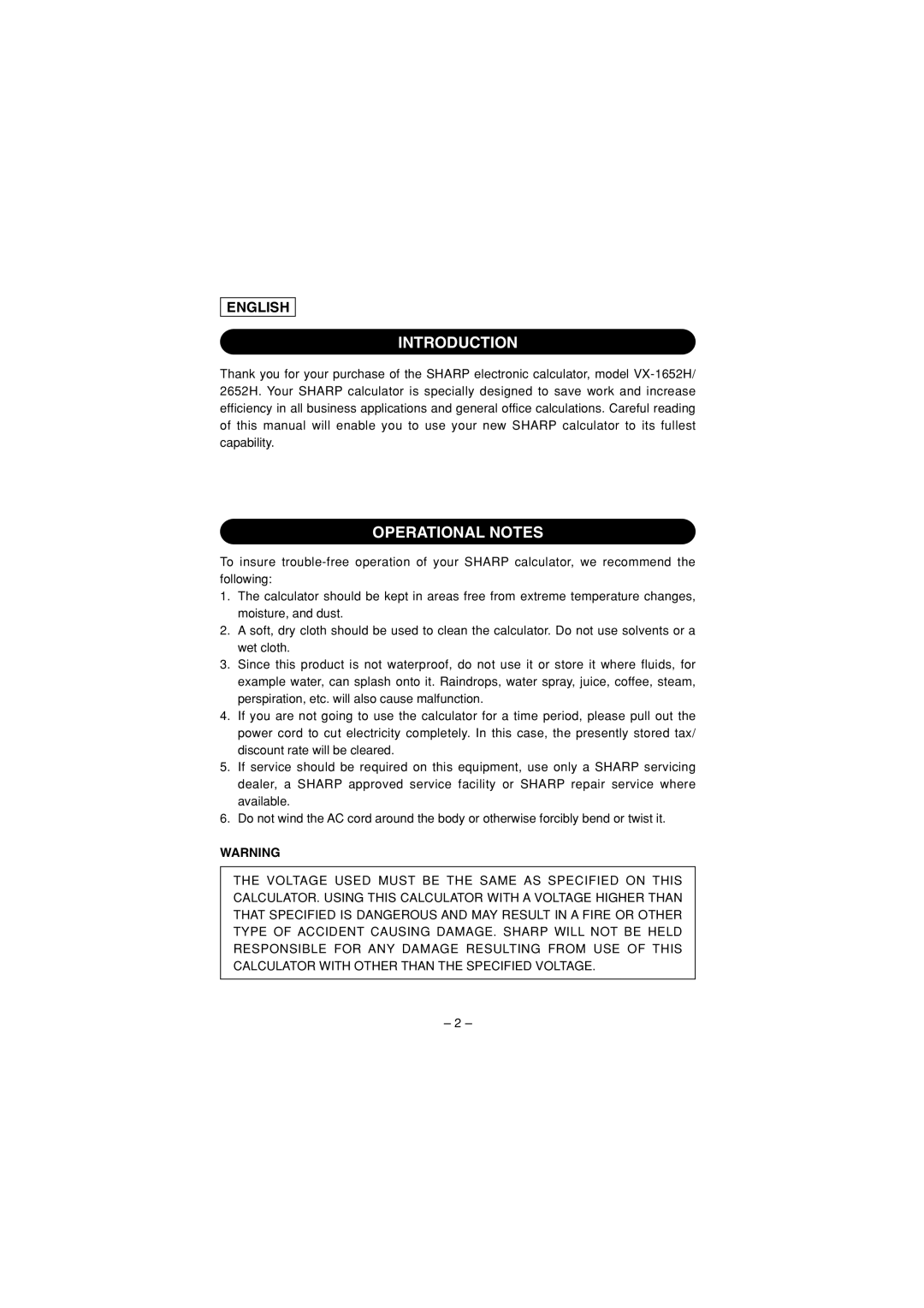 Sharp VX-2652H, VX-1652H operation manual Introduction, Operational Notes, English 