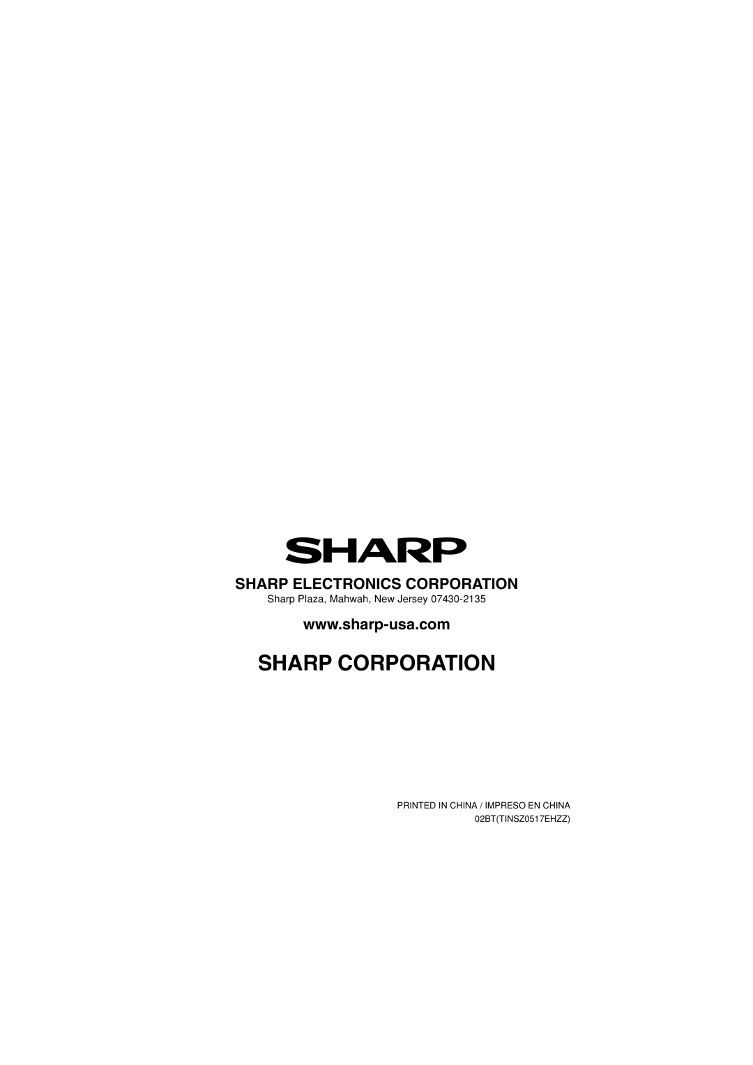 Sharp VX-2652H Sharp Corporation, Sharp Electronics Corporation, PRINTED IN CHINA / IMPRESO EN CHINA 02BTTINSZ0517EHZZ 