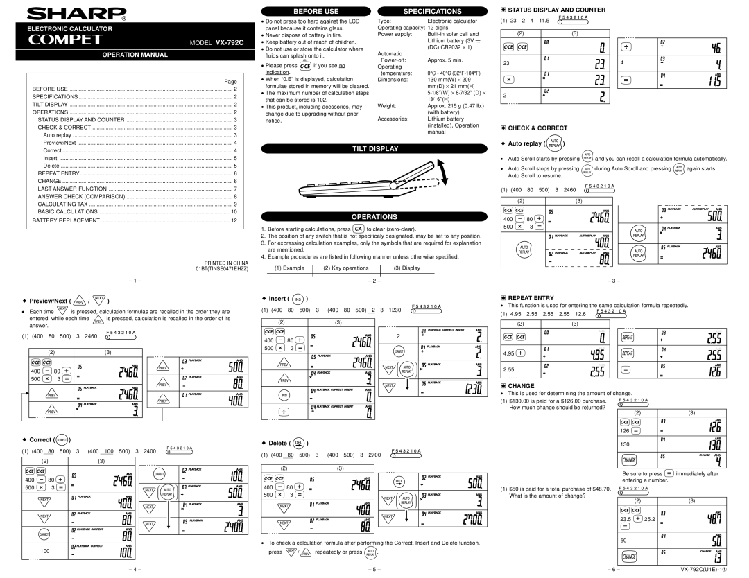 Sharp specifications Model VX-792C, Before USE, Specifications, Tilt Display Operations 