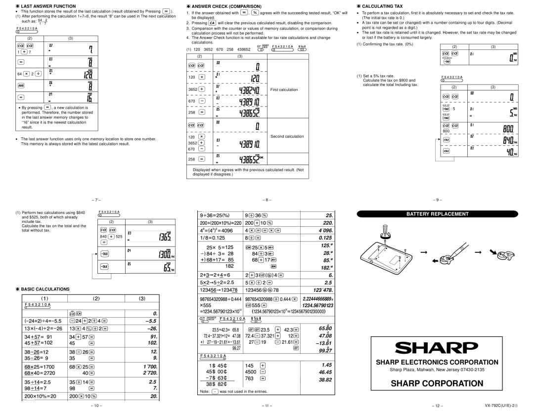 Sharp VX-792C Battery Replacement, Last Answer Function, Answer Check Comparison, Calculating TAX, Basic Calculations 