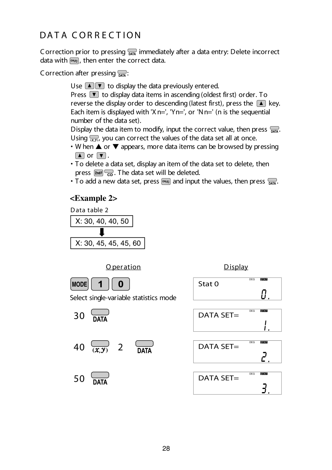 Sharp W Series manual DA T a C O R R E C T I O N, Reverse the display order to descending latest first, press 