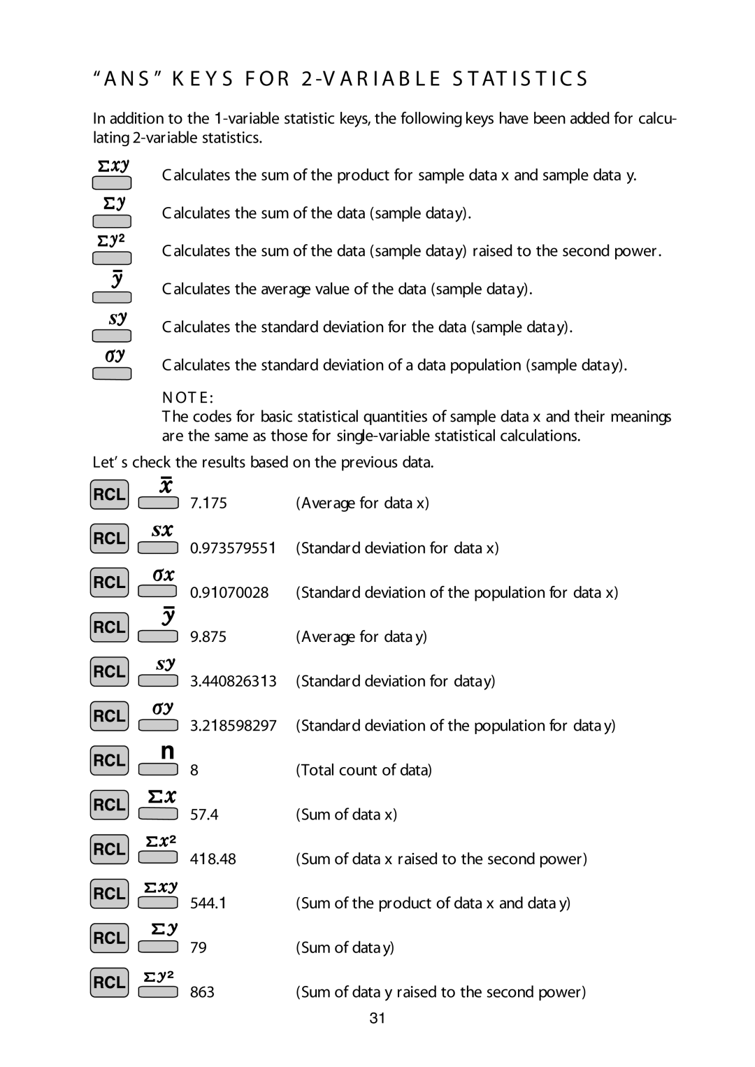 Sharp W Series manual S K E Y S F O R 2 -V a R I a B L E S T AT I S T I C S, Total count of data 