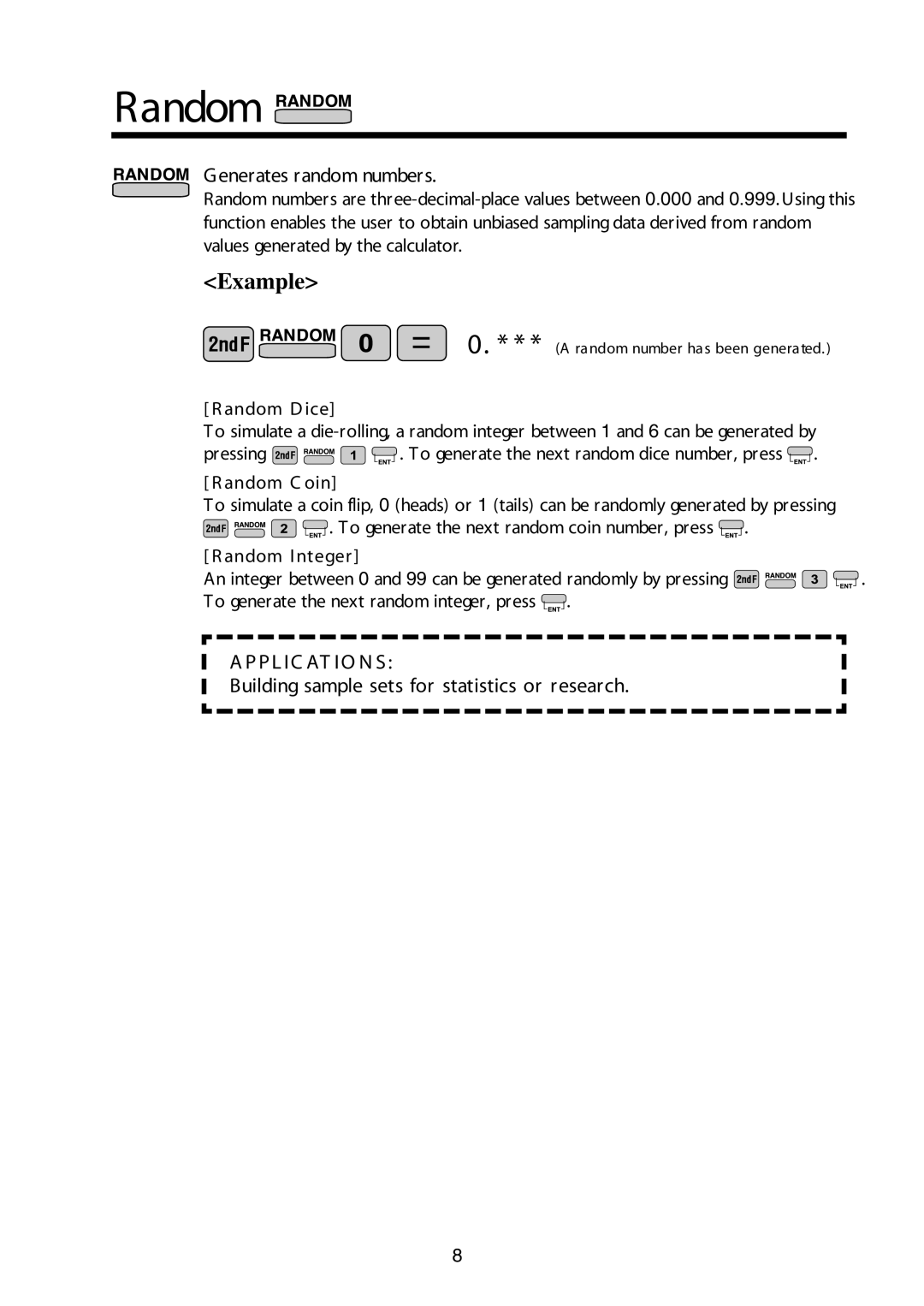 Sharp W Series manual Random, Generates random numbers, Building sample sets for statistics or research 