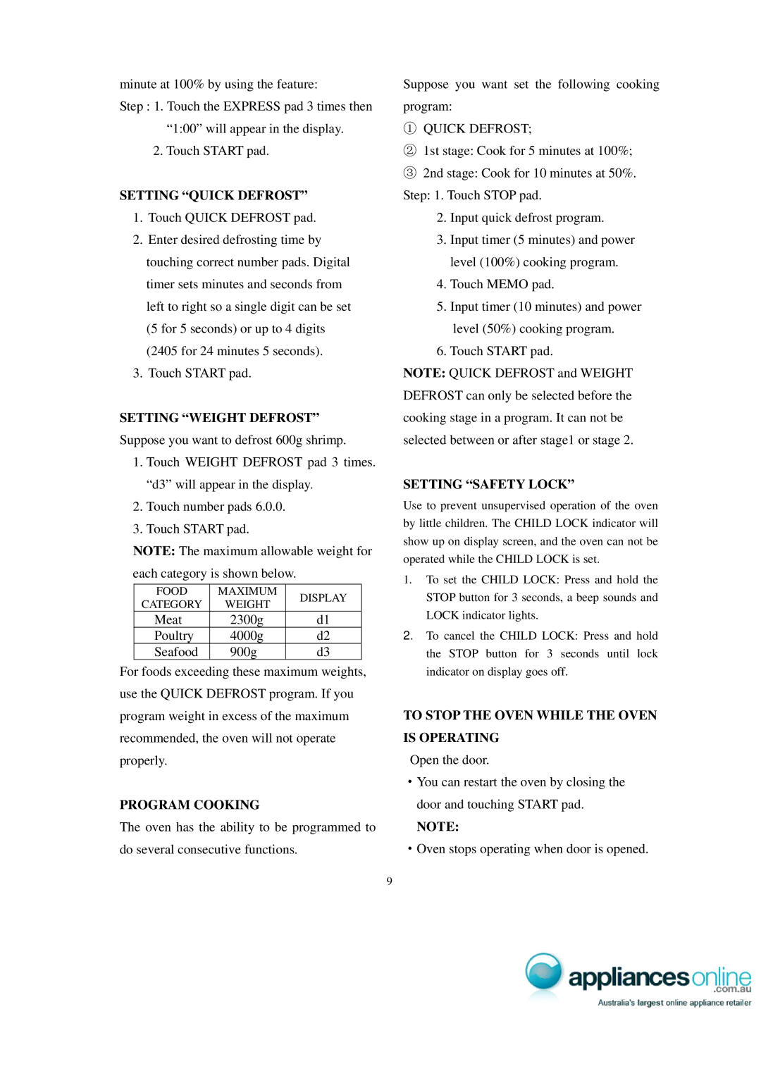 Sharp X2-30ES manual Setting Quick Defrost, Setting Weight Defrost, Program Cooking, Setting Safety Lock 