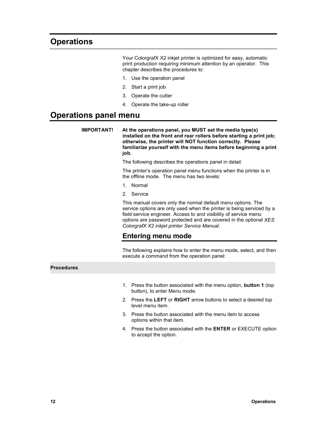 Sharp X2 manual Operations panel menu, Entering menu mode 