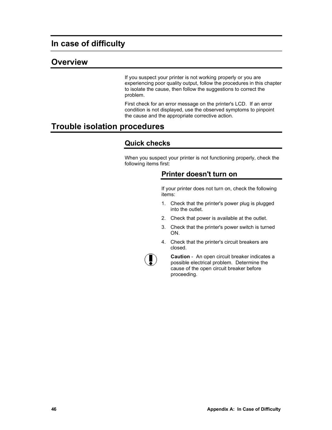 Sharp X2 manual Case of difficulty Overview, Trouble isolation procedures, Quick checks, Printer doesnt turn on 