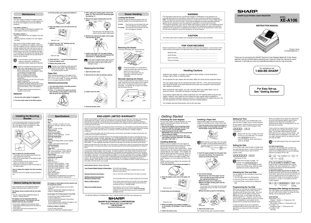 Sharp XE-A106 instruction manual Maintenance, Drawer Handling, Handling Cautions, Installing the Mounting Bracket 