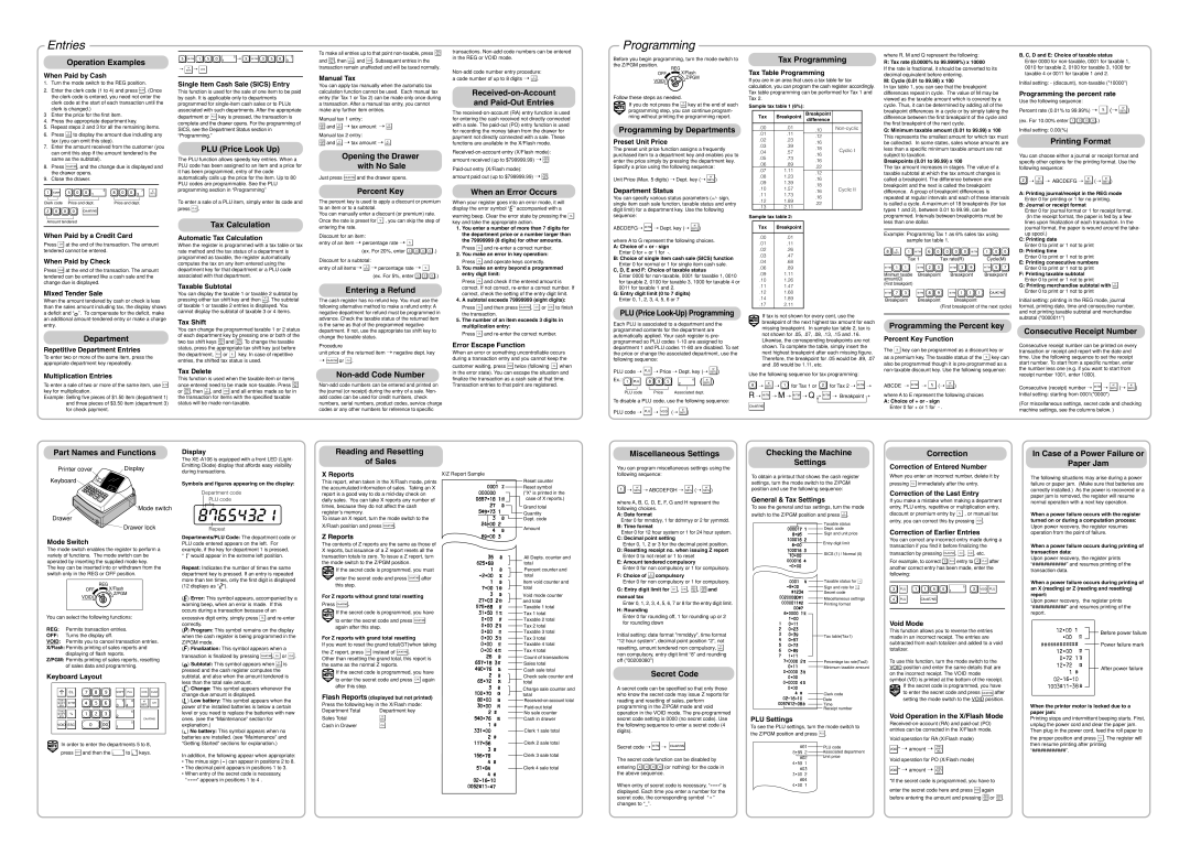 Sharp XE-A106 Operation Examples, Tax Programming, Department, PLU Price Look Up, Tax Calculation, Percent Key, Correction 