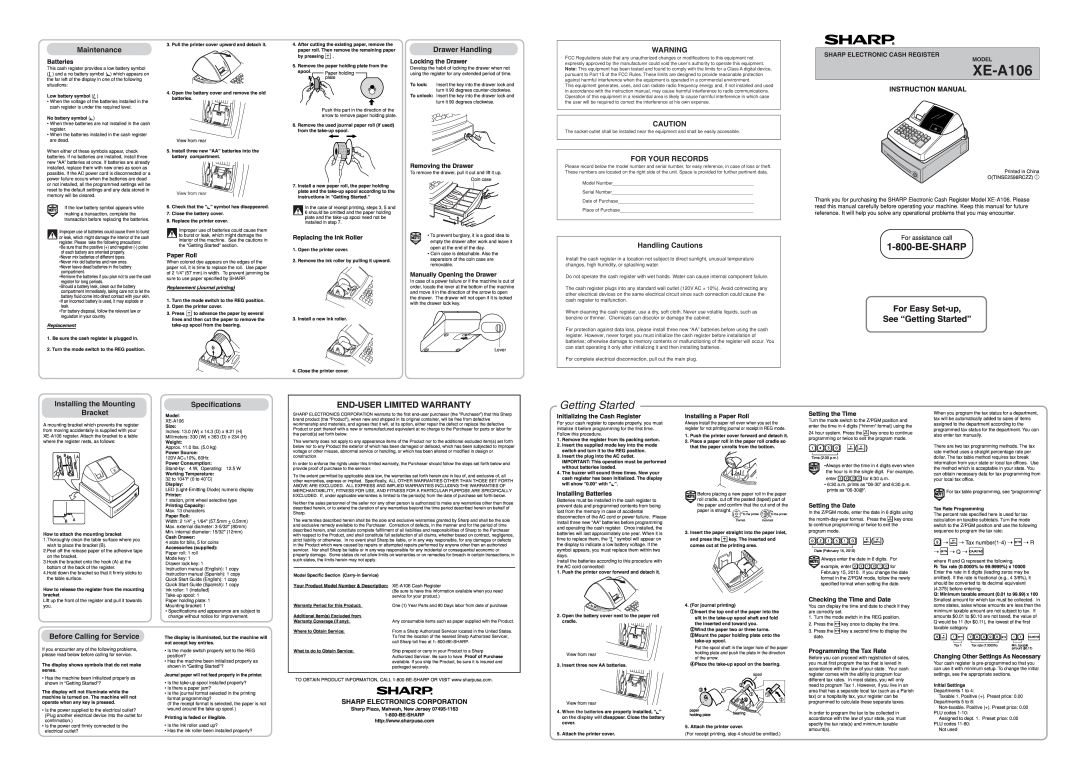 Sharp XE-A106 instruction manual Be-Sharp, For Easy Set-up See “Getting Started”, End-User Limited Warranty 