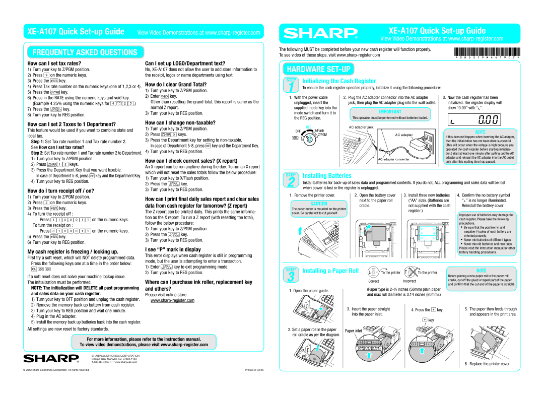 Sharp XEA107, XE-A107 setup guide Initializing the Cash Register, Installing Batteries, Installing a Paper Roll 