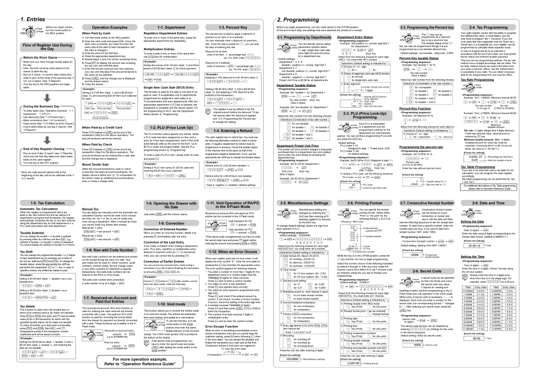 Sharp XE-A107 Operation Examples, Department, Percent Key, Programming the Percent key, Tax Programming, Tax Calculation 