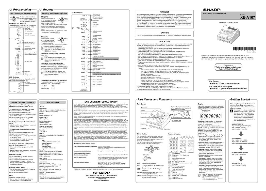 Sharp XE-A107 instruction manual Programming, Reports, Part Names and Functions, Getting Started, For Set-up, Model 