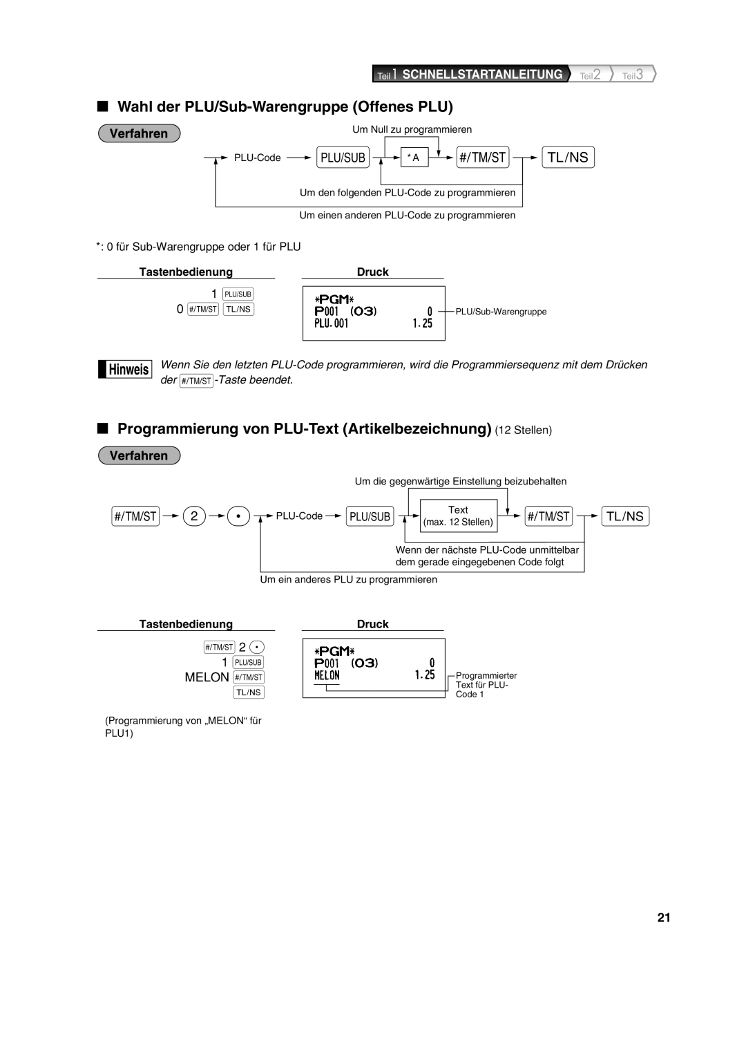 Sharp XE-A113 Wahl der PLU/Sub-Warengruppe Offenes PLU, Programmierung von PLU-Text Artikelbezeichnung 12 Stellen 