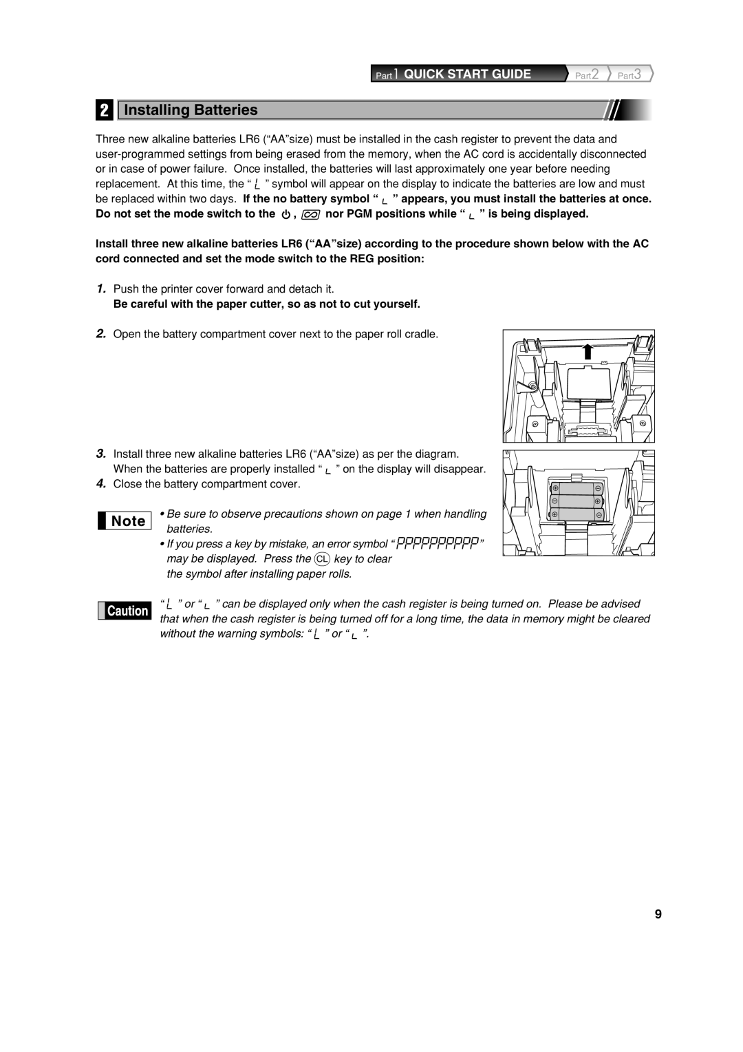 Sharp XE-A113 instruction manual Installing Batteries, Push the printer cover forward and detach it 