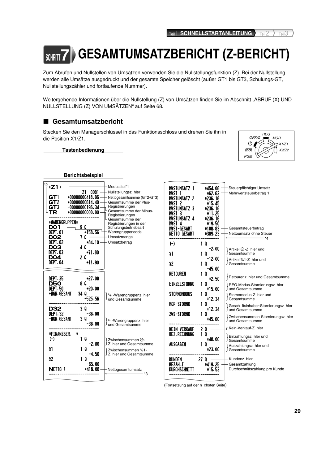 Sharp XE-A113 instruction manual Gesamtumsatzbericht, Tastenbedienung Berichtsbeispiel 