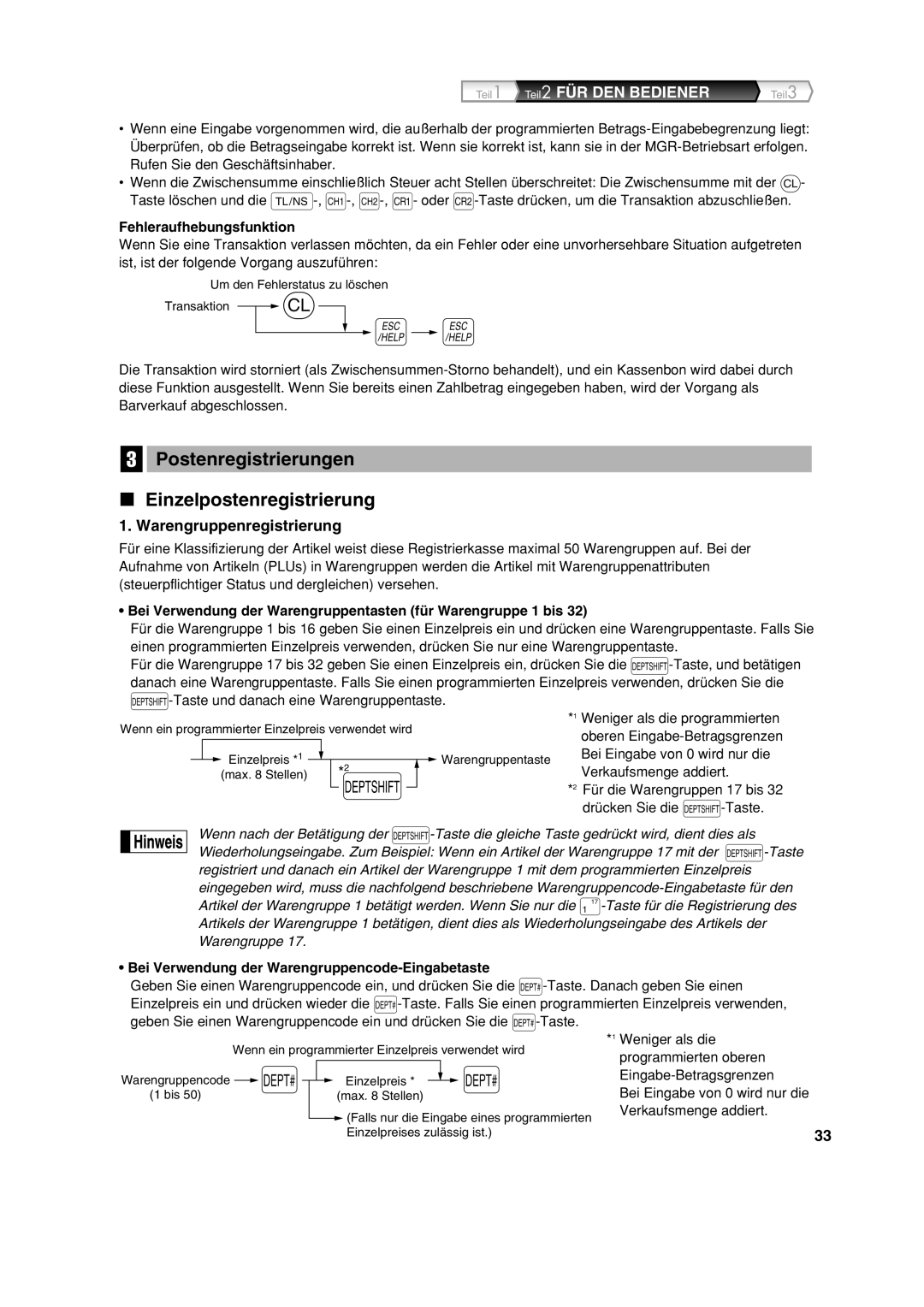 Sharp XE-A113 Postenregistrierungen Einzelpostenregistrierung, Warengruppenregistrierung, Fehleraufhebungsfunktion 