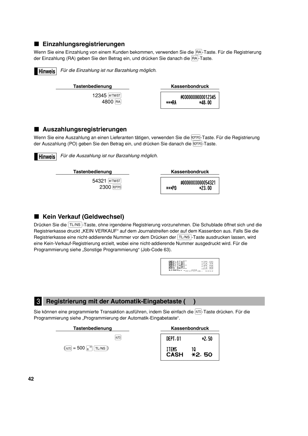 Sharp XE-A113 instruction manual Einzahlungsregistrierungen, Auszahlungsregistrierungen, Kein Verkauf Geldwechsel 