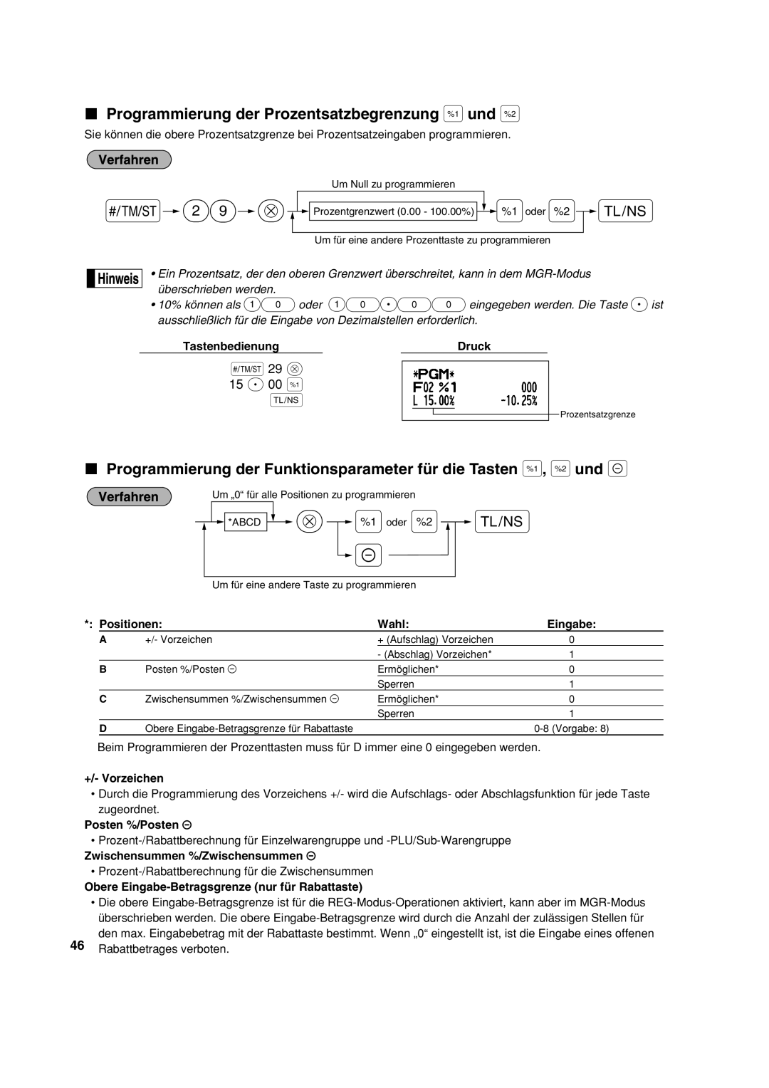 Sharp XE-A113 Programmierung der Prozentsatzbegrenzung %und, +/- Vorzeichen, Posten %/Posten, Rabattbetrages verboten 