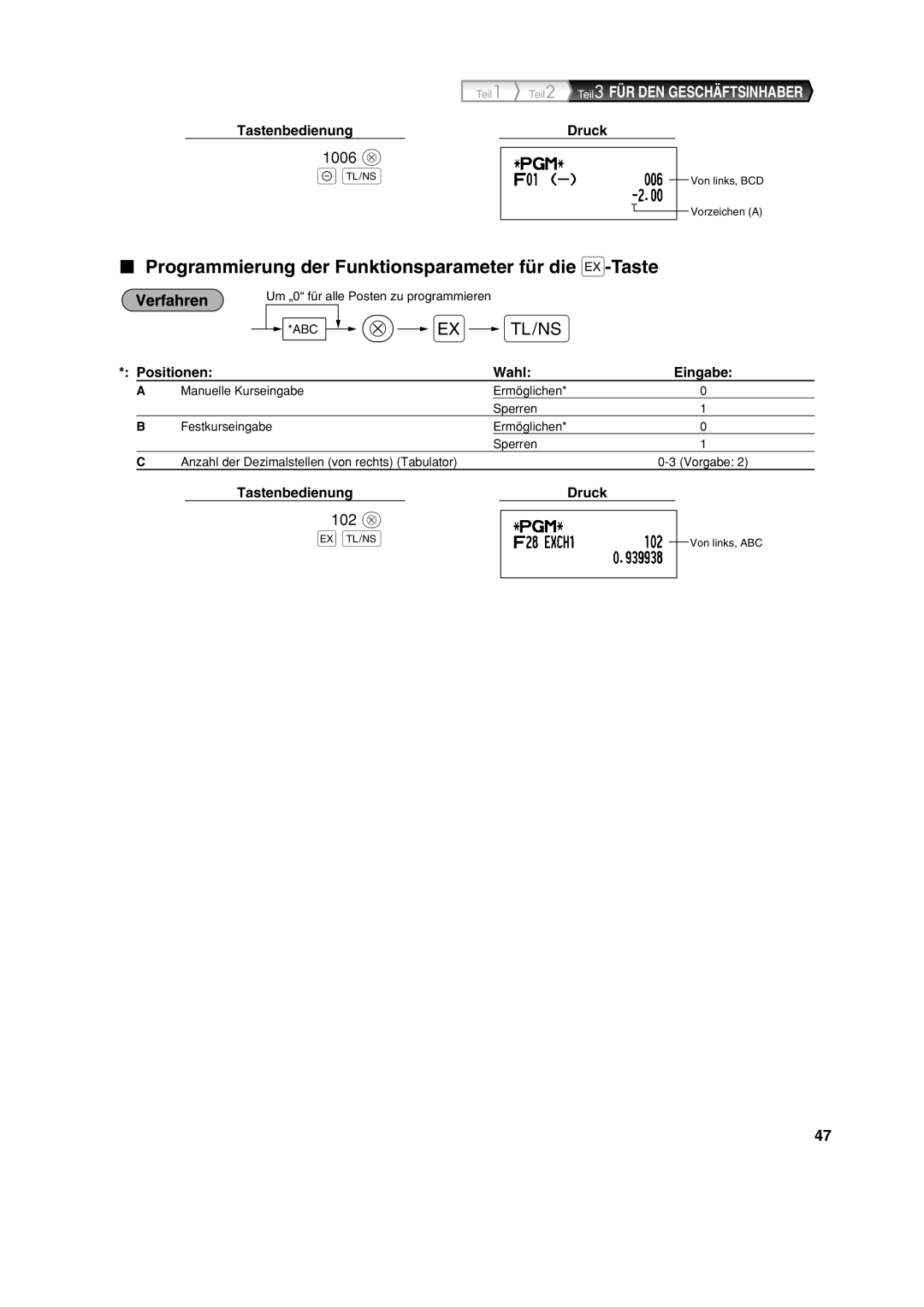 Sharp XE-A113 instruction manual Programmierung der Funktionsparameter für die V-Taste 