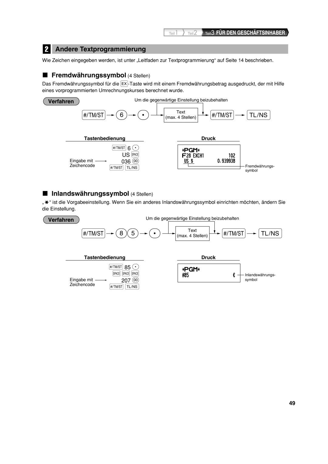 Sharp XE-A113 instruction manual Andere Textprogrammierung, Fremdwährungssymbol 4 Stellen, Inlandswährungssymbol 4 Stellen 