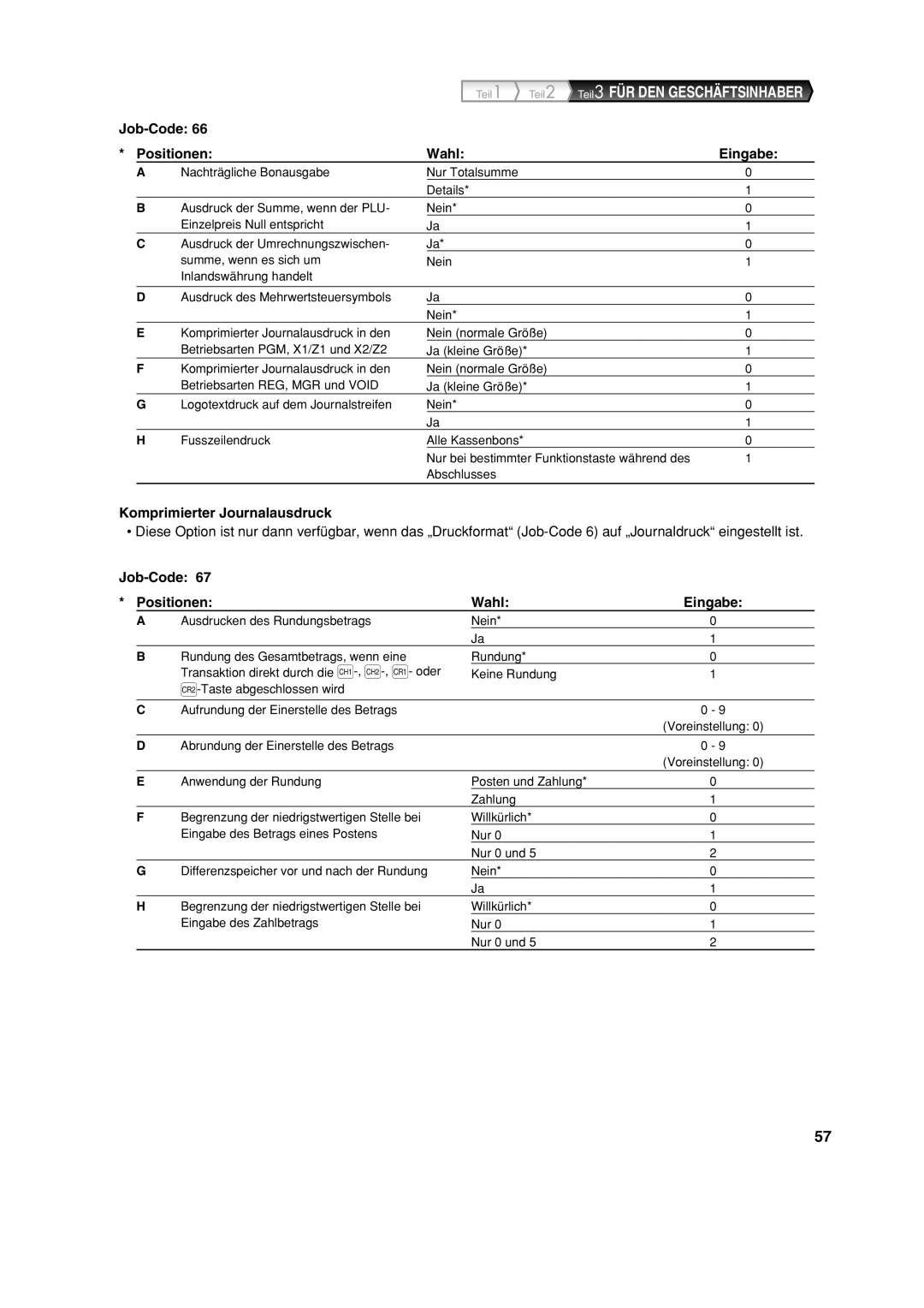 Sharp XE-A113 instruction manual Teil2 Teil3 FÜR DEN Geschäftsinhaber, Komprimierter Journalausdruck 