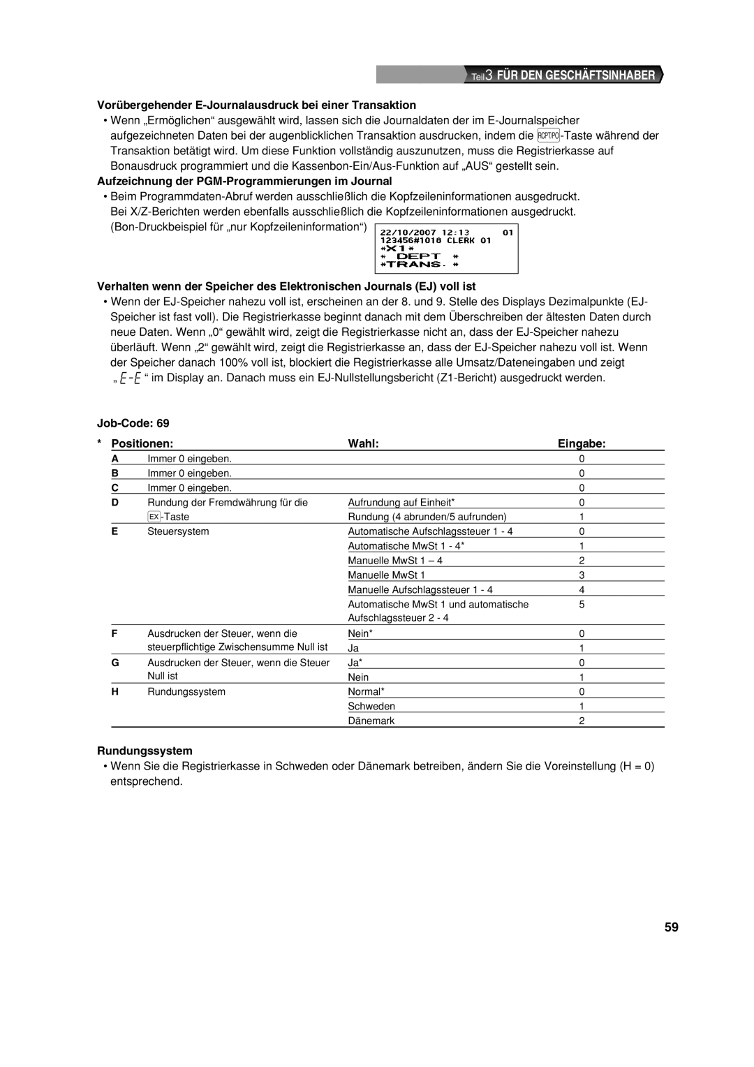 Sharp XE-A113 Vorübergehender E-Journalausdruck bei einer Transaktion, Aufzeichnung der PGM-Programmierungen im Journal 