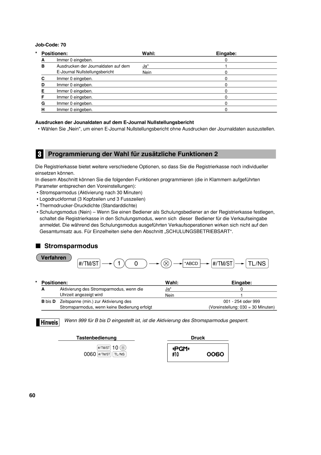 Sharp XE-A113 instruction manual Programmierung der Wahl für zusätzliche Funktionen, Stromsparmodus 