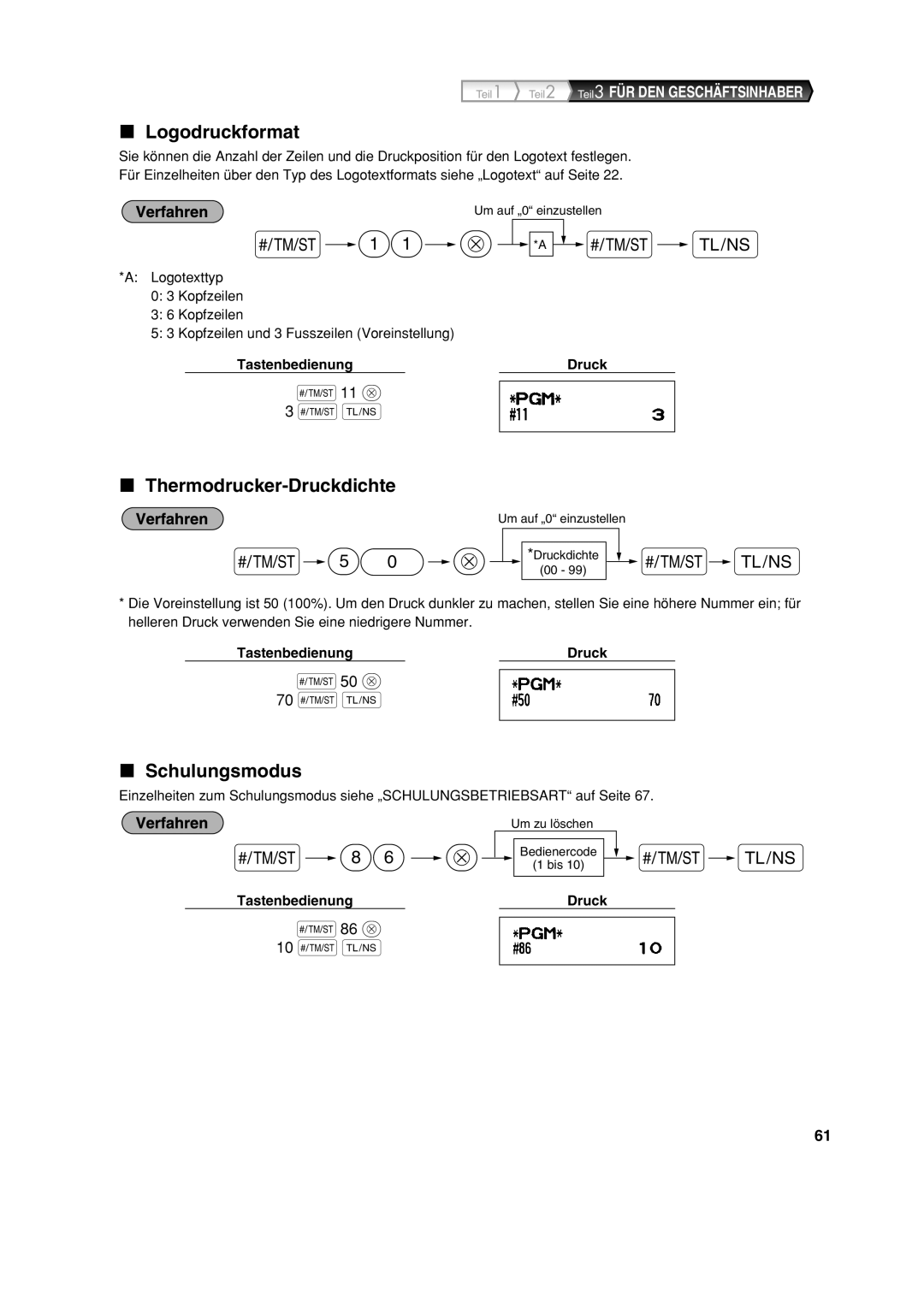 Sharp XE-A113 instruction manual Logodruckformat, Thermodrucker-Druckdichte, Schulungsmodus 