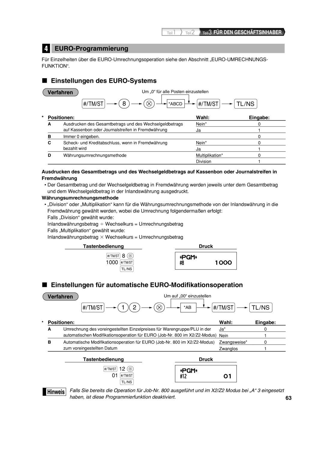 Sharp XE-A113 instruction manual EURO-Programmierung, Einstellungen des EURO-Systems, Währungsumrechnungsmethode 