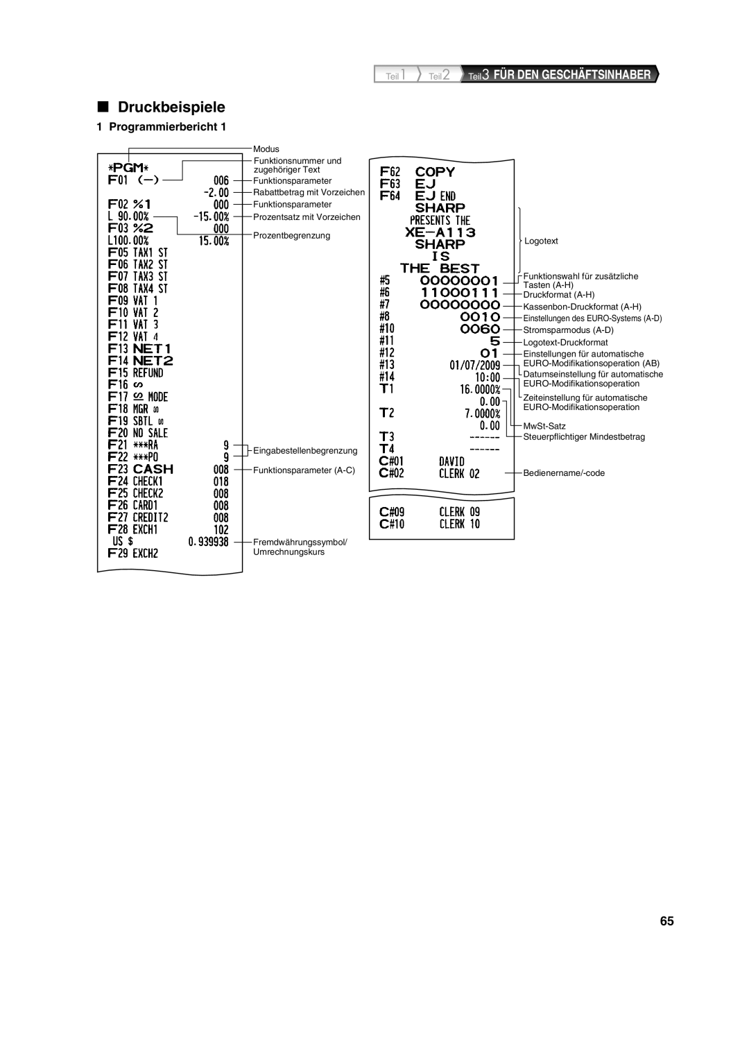 Sharp XE-A113 instruction manual Druckbeispiele, Programmierbericht 