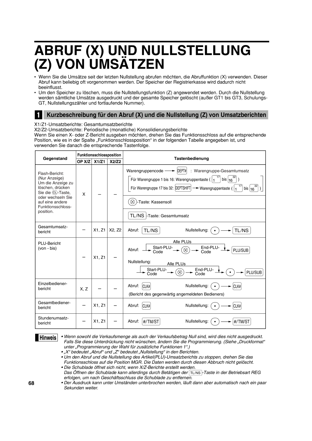 Sharp XE-A113 instruction manual Abruf X UND Nullstellung VON Umsätzen, Tastenbedienung 