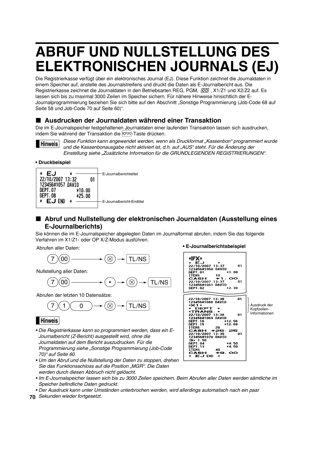 Sharp XE-A113 Abruf UND Nullstellung DES Elektronischen Journals EJ, Ausdrucken der Journaldaten während einer Transaktion 