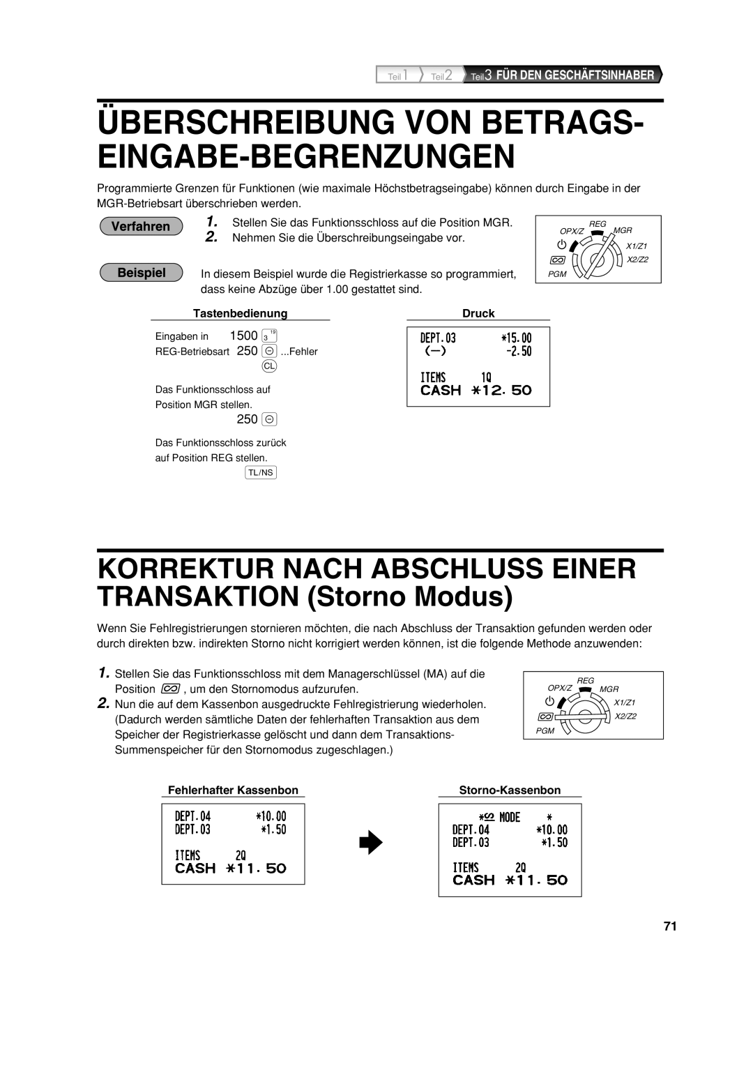 Sharp XE-A113 instruction manual Überschreibung VON BETRAGS- EINGABE-BEGRENZUNGEN, Fehlerhafter Kassenbon Storno-Kassenbon 