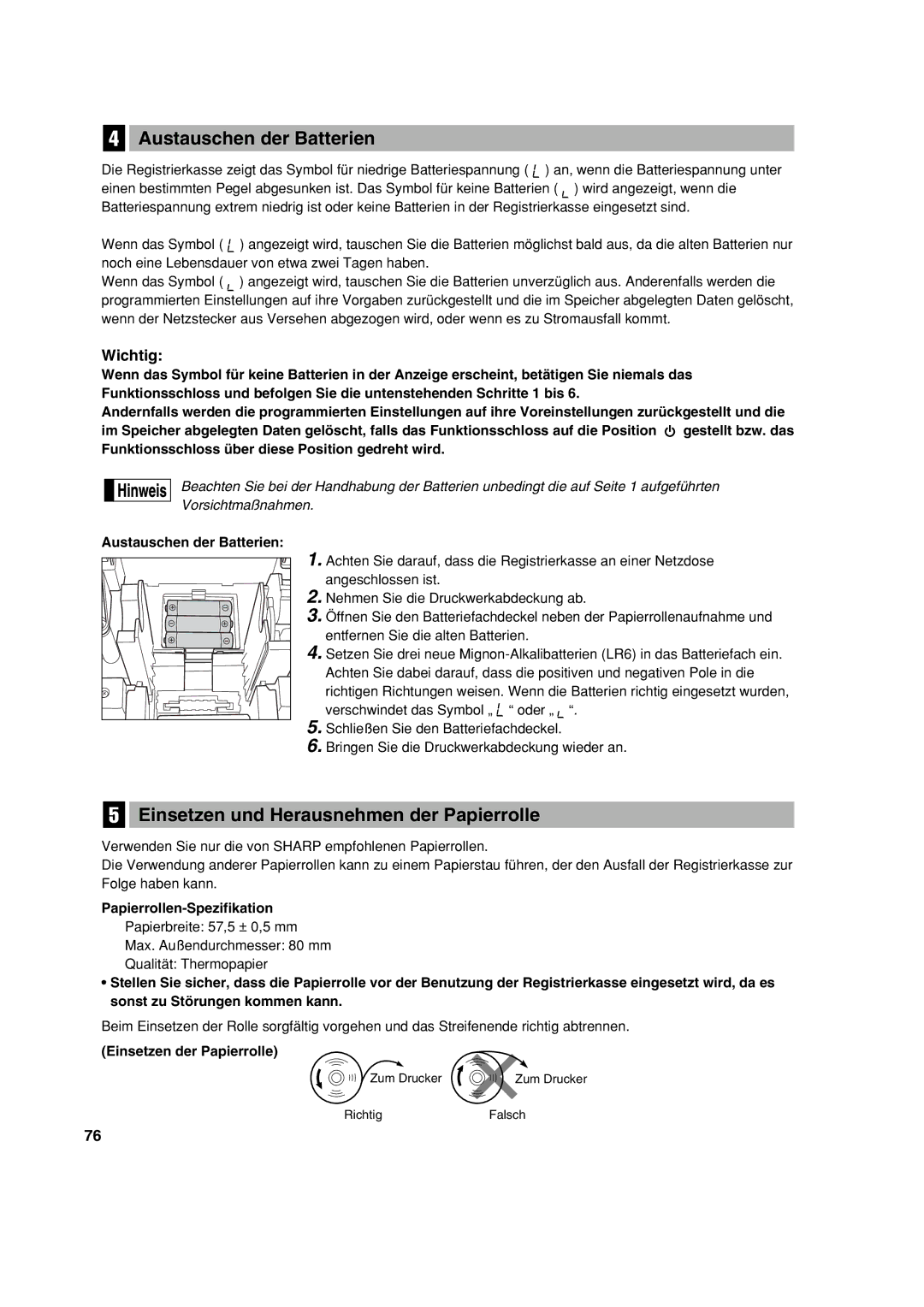 Sharp XE-A113 instruction manual Austauschen der Batterien, Einsetzen und Herausnehmen der Papierrolle, Wichtig 