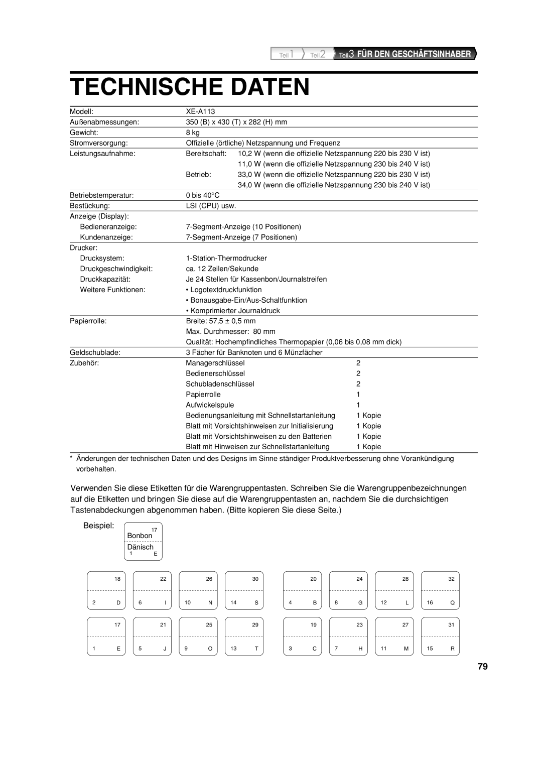 Sharp XE-A113 instruction manual Technische Daten 