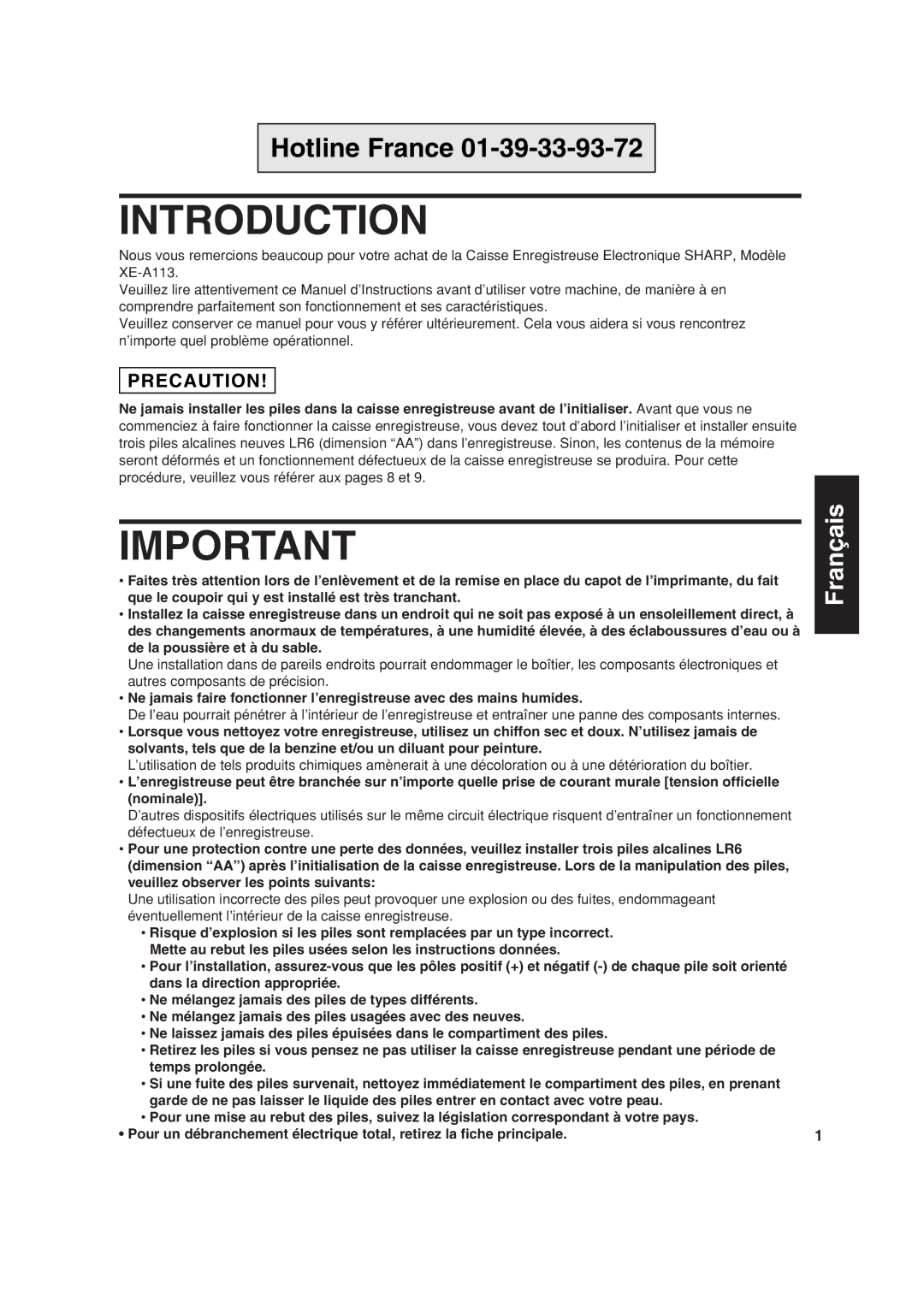 Sharp XE-A113 instruction manual Hotline France 