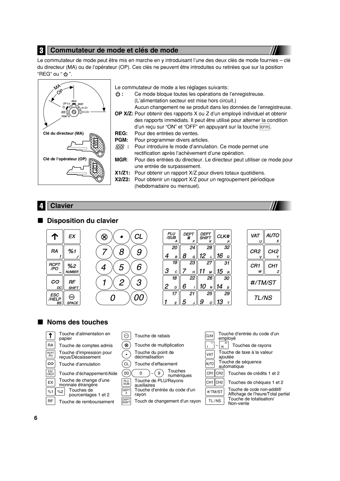 Sharp XE-A113 instruction manual Commutateur de mode et clés de mode, Clavier Disposition du clavier Noms des touches 