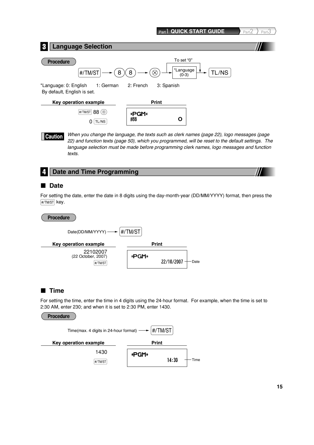 Sharp XE-A113 instruction manual Language Selection, Date and Time Programming, Key operation example Print 