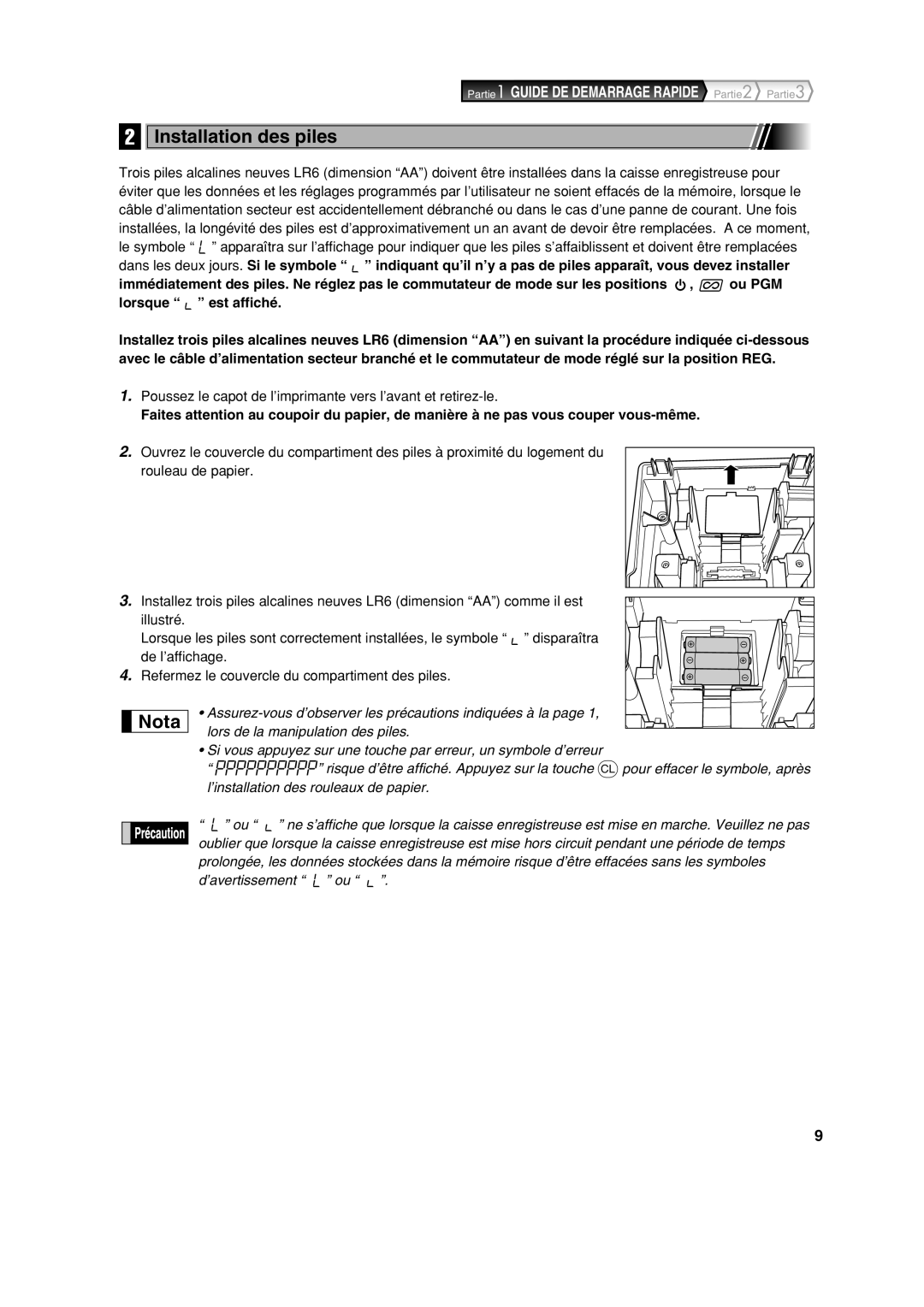 Sharp XE-A113 instruction manual Installation des piles, Poussez le capot de l’imprimante vers l’avant et retirez-le 