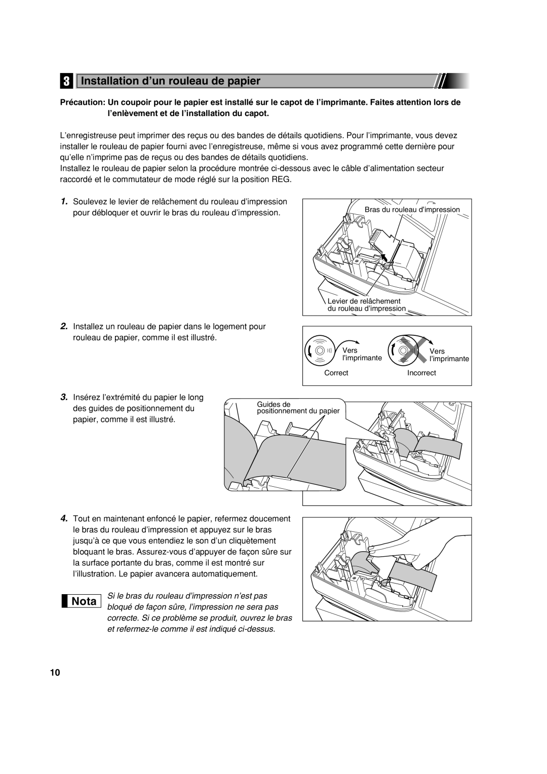 Sharp XE-A113 Installation d’un rouleau de papier, Insérez l’extrémité du papier le long, Des guides de positionnement du 