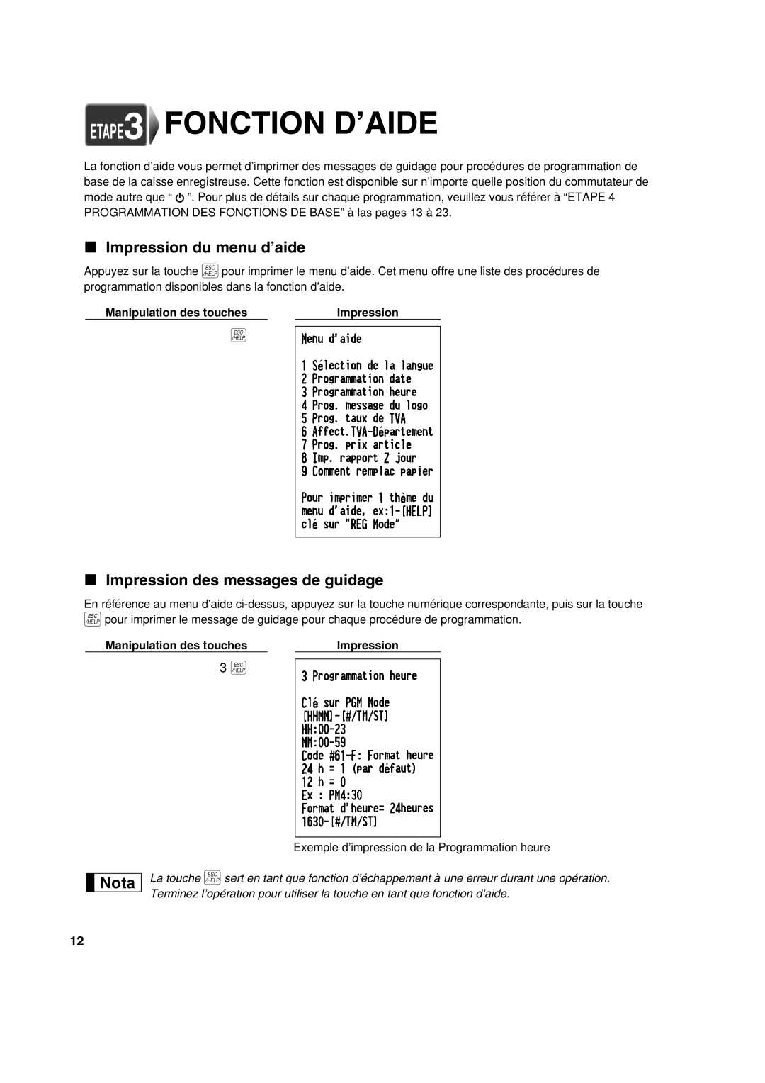 Sharp XE-A113 instruction manual ETAPE3 Fonction D’AIDE, Impression du menu d’aide, Impression des messages de guidage 