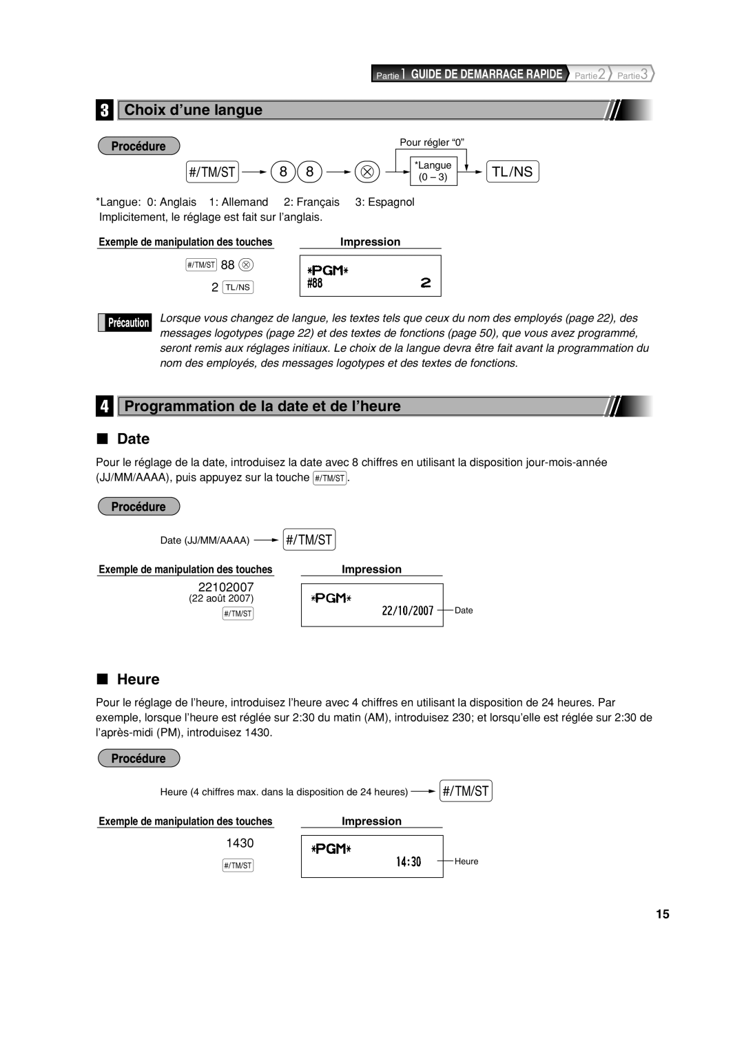 Sharp XE-A113 Choix d’une langue, Programmation de la date et de l’heure Date, Heure, Exemple de manipulation des touches 